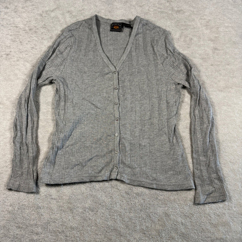Route 66 Womens XL Gray Ribbed V-Neck Button Front Cardigan Sweater Lettuce Trim